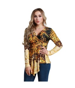 Women Plus Size Blouse Top Contrast Print V-Neck Asymmetric Hem Long Sleeve Top Yellow