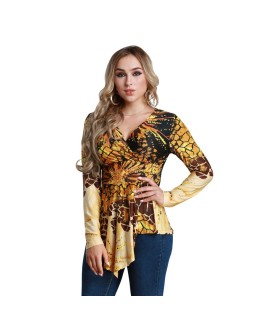 Women Plus Size Blouse Top Contrast Print V-Neck Asymmetric Hem Long Sleeve Top Yellow