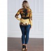 Women Plus Size Blouse Top Contrast Print V-Neck Asymmetric Hem Long Sleeve Top Yellow