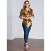 Women Plus Size Blouse Top Contrast Print V-Neck Asymmetric Hem Long Sleeve Top Yellow