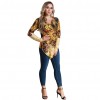 Women Plus Size Blouse Top Contrast Print V-Neck Asymmetric Hem Long Sleeve Top Yellow