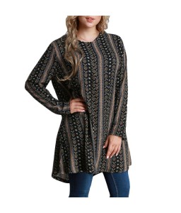 Autumn Women Plus Size Long Loose Blouse Special Print O-Neck Long Sleeves Vintage Pullover Top