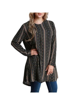 Autumn Women Plus Size Long Loose Blouse Special Print O-Neck Long Sleeves Vintage Pullover Top