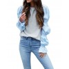 Women Long Sleeve T-Shirt O-Neck Patched Puff Sleeve Shirts Casual Tee Tops Grey