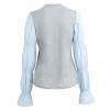 Women Long Sleeve T-Shirt O-Neck Patched Puff Sleeve Shirts Casual Tee Tops Grey