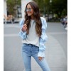 Women Long Sleeve T-Shirt O-Neck Patched Puff Sleeve Shirts Casual Tee Tops Grey