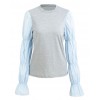 Women Long Sleeve T-Shirt O-Neck Patched Puff Sleeve Shirts Casual Tee Tops Grey