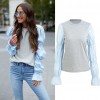 Women Long Sleeve T-Shirt O-Neck Patched Puff Sleeve Shirts Casual Tee Tops Grey