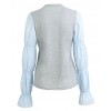 Women Long Sleeve T-Shirt O-Neck Patched Puff Sleeve Shirts Casual Tee Tops Grey