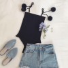 Women Knitted Jumpsuit Pullover Bodysuit Pom Pom Strap Backless Rompers Slim Playsuit Overalls Black