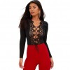 Sexy Women Front Lace Up Thong Bodysuit Long Sleeve Crochet Hollow Out Body Playsuit Jumpsuit