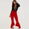 Sexy Women Front Lace Up Thong Bodysuit Long Sleeve Crochet Hollow Out Body Playsuit Jumpsuit