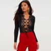 Sexy Women Front Lace Up Thong Bodysuit Long Sleeve Crochet Hollow Out Body Playsuit Jumpsuit