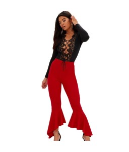 Sexy Women Front Lace Up Thong Bodysuit Long Sleeve Crochet Hollow Out Body Playsuit Jumpsuit