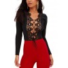 Sexy Women Front Lace Up Thong Bodysuit Long Sleeve Crochet Hollow Out Body Playsuit Jumpsuit