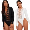 Sexy Women Front Lace Up Thong Bodysuit Long Sleeve Crochet Hollow Out Body Playsuit Jumpsuit