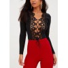 Sexy Women Front Lace Up Thong Bodysuit Long Sleeve Crochet Hollow Out Body Playsuit Jumpsuit