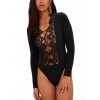 Sexy Women Front Lace Up Thong Bodysuit Long Sleeve Crochet Hollow Out Body Playsuit Jumpsuit