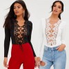 Sexy Women Front Lace Up Thong Bodysuit Long Sleeve Crochet Hollow Out Body Playsuit Jumpsuit