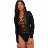 Sexy Women Front Lace Up Thong Bodysuit Long Sleeve Crochet Hollow Out Body Playsuit Jumpsuit