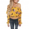 Fashion Women Floral Print Blouse Crop Top Off Shoulder Ruffles Lantern Long Sleeve Loose Blouse Yellow