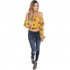 Fashion Women Floral Print Blouse Crop Top Off Shoulder Ruffles Lantern Long Sleeve Loose Blouse Yellow