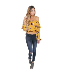 Fashion Women Floral Print Blouse Crop Top Off Shoulder Ruffles Lantern Long Sleeve Loose Blouse Yellow