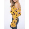 Fashion Women Floral Print Blouse Crop Top Off Shoulder Ruffles Lantern Long Sleeve Loose Blouse Yellow