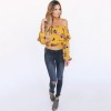 Fashion Women Floral Print Blouse Crop Top Off Shoulder Ruffles Lantern Long Sleeve Loose Blouse Yellow