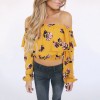 Fashion Women Floral Print Blouse Crop Top Off Shoulder Ruffles Lantern Long Sleeve Loose Blouse Yellow