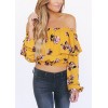 Fashion Women Floral Print Blouse Crop Top Off Shoulder Ruffles Lantern Long Sleeve Loose Blouse Yellow