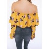 Fashion Women Floral Print Blouse Crop Top Off Shoulder Ruffles Lantern Long Sleeve Loose Blouse Yellow