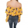 Fashion Women Floral Print Blouse Crop Top Off Shoulder Ruffles Lantern Long Sleeve Loose Blouse Yellow