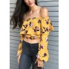 Fashion Women Floral Print Blouse Crop Top Off Shoulder Ruffles Lantern Long Sleeve Loose Blouse Yellow