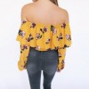 Fashion Women Floral Print Blouse Crop Top Off Shoulder Ruffles Lantern Long Sleeve Loose Blouse Yellow