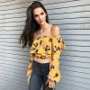 Fashion Women Floral Print Blouse Crop Top Off Shoulder Ruffles Lantern Long Sleeve Loose Blouse Yellow