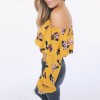 Fashion Women Floral Print Blouse Crop Top Off Shoulder Ruffles Lantern Long Sleeve Loose Blouse Yellow