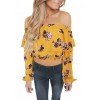 Fashion Women Floral Print Blouse Crop Top Off Shoulder Ruffles Lantern Long Sleeve Loose Blouse Yellow