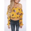 Fashion Women Floral Print Blouse Crop Top Off Shoulder Ruffles Lantern Long Sleeve Loose Blouse Yellow