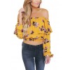 Fashion Women Floral Print Blouse Crop Top Off Shoulder Ruffles Lantern Long Sleeve Loose Blouse Yellow