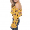 Fashion Women Floral Print Blouse Crop Top Off Shoulder Ruffles Lantern Long Sleeve Loose Blouse Yellow