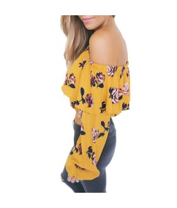 Fashion Women Floral Print Blouse Crop Top Off Shoulder Ruffles Lantern Long Sleeve Loose Blouse Yellow