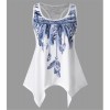 New Women Sleeveless Feather Printed Vest Tank Top O Neck Asymmetrical Tee Shirt Plus Size Summer Blouse