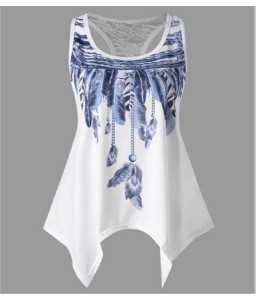 New Women Sleeveless Feather Printed Vest Tank Top O Neck Asymmetrical Tee Shirt Plus Size Summer Blouse