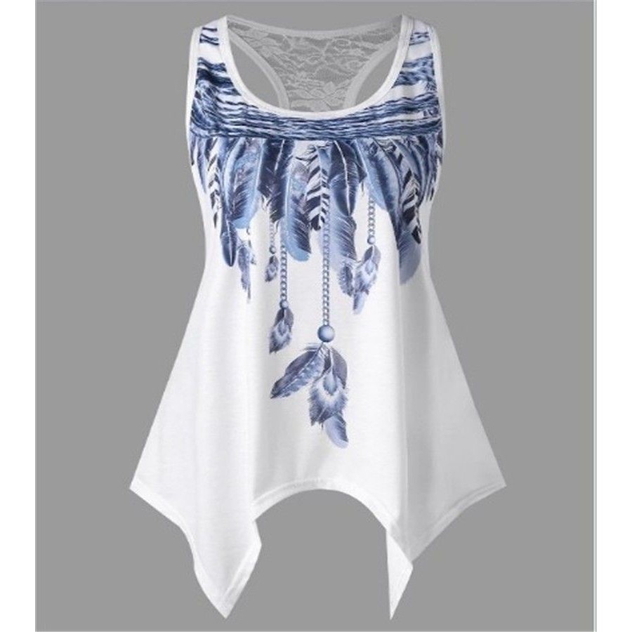 New Women Sleeveless Feather Printed Vest Tank Top O Neck Asymmetrical Tee Shirt Plus Size Summer Blouse