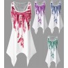 New Women Sleeveless Feather Printed Vest Tank Top O Neck Asymmetrical Tee Shirt Plus Size Summer Blouse