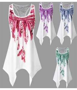 New Women Sleeveless Feather Printed Vest Tank Top O Neck Asymmetrical Tee Shirt Plus Size Summer Blouse