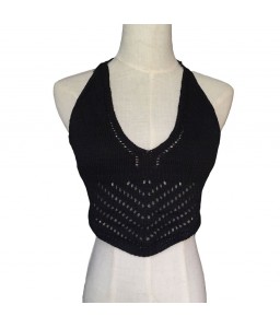 New Fashion Women Crop Top Crochet Knit V Halter Neckline Self Tie Sexy Camisole Bikini Top White/Black