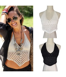 New Fashion Women Crop Top Crochet Knit V Halter Neckline Self Tie Sexy Camisole Bikini Top White/Black