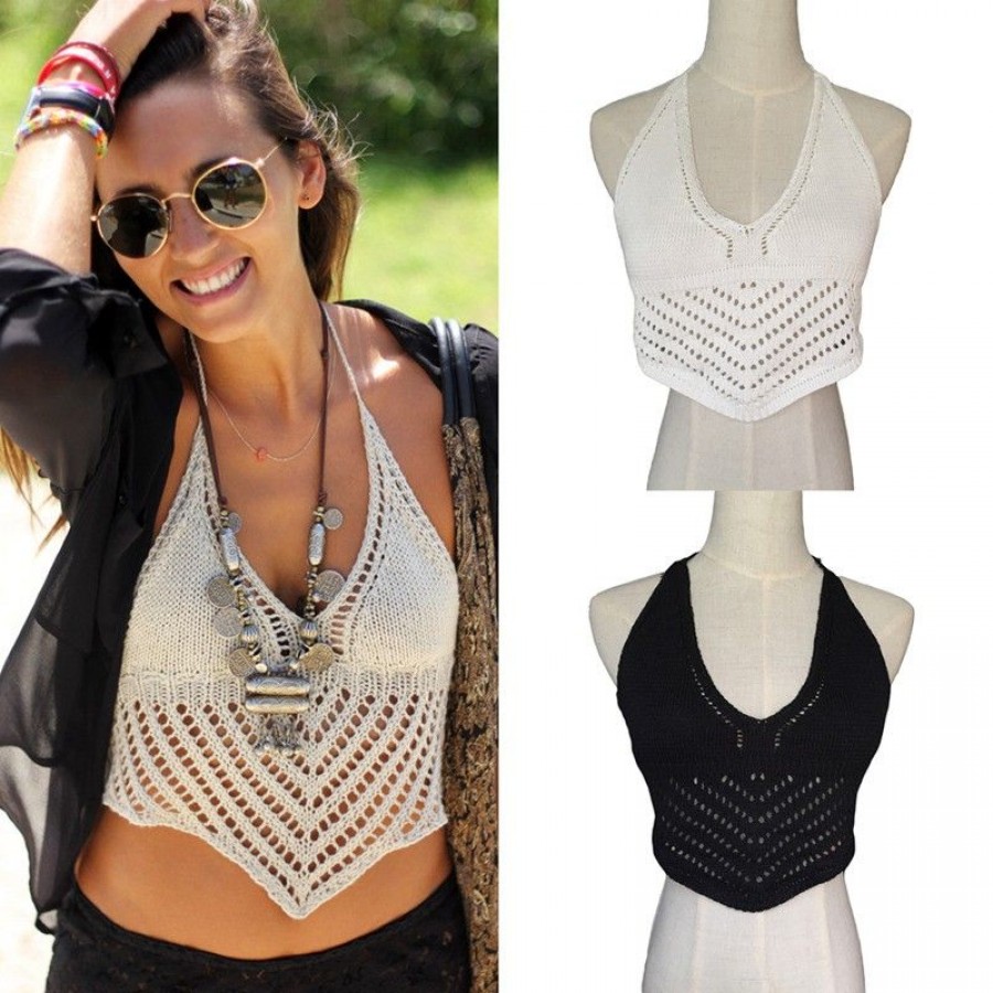 New Fashion Women Crop Top Crochet Knit V Halter Neckline Self Tie Sexy Camisole Bikini Top White/Black